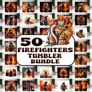 Puede incluir: Un conjunto de 50 vasos con temática de bomberos. Los vasos presentan varias imágenes de bomberos en acción, incluyendo un bombero sosteniendo una manguera, un bombero con un hacha y un bombero de pie frente a un edificio en llamas. Los vasos son todos de varios colores, incluyendo rojo, amarillo, azul y negro.