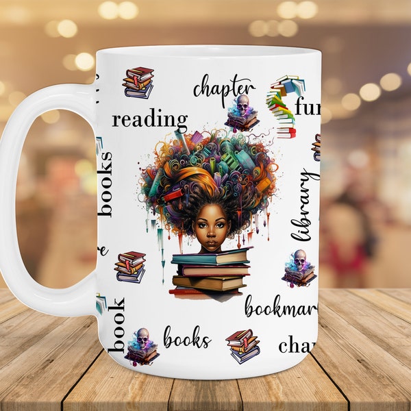 Black Woman reading a book  Ever 15oz Mug and 11 oz Mug Design Wrap, 15oz Mug, 11oz Mug Sublimation Design, Book Lover Mug wrap