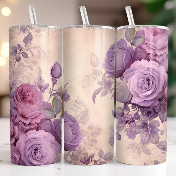 Vinatge Purple Rose 20 oz Skinny Tumbler Sublimation Design Digital Download PNG, Vintage Purple Rose Tumbler Wrap