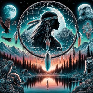 May include: A digital illustration of a dreamcatcher with a woman's silhouette inside. The image features eagles, a wolf, a lake, mountains, and a full moon. The color palette includes blues, greens, oranges, and black.