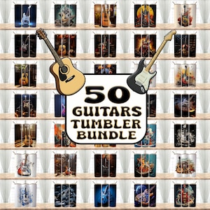 May include: A collection of 50 guitar-themed tumblers, each with unique designs. The tumblers feature various guitar styles, artistic renderings, and vibrant colors. The text "50 GUITARS TUMBLER BUNDLE" is displayed prominently.