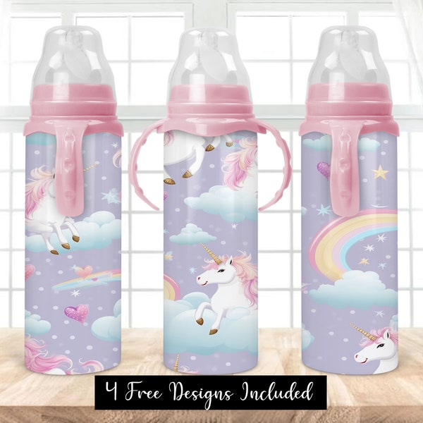 Cute Unicorn Pattern 8oz Baby Bottle Sublimation Design, 8oz Baby Bottle Sublimation Design, Unicorn  PNG Tumbler Template Design