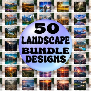 Puede incluir: Un collage de 50 diseños de paisajes que presentan diversas vistas panorámicas, incluyendo montañas, bosques, lagos y puestas de sol. Los diseños son perfectos para crear artículos únicos y personalizados.