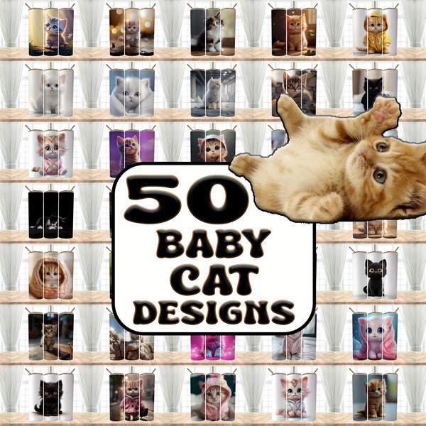 50 Baby Cat Designs Mega Bundle Tumbler Wrap Designs, 20 oz Skinny Tumbler Sublimation Design, PNG Tumbler, Clip Art, Wall Art