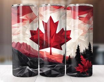 May include: Three stainless steel tumblers with a geometric design featuring a red maple leaf, mountains, and a forest silhouette. The tumblers have a white, red, and black color scheme, with a geometric pattern.