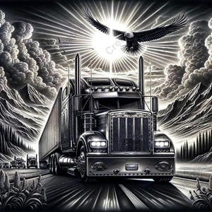 Pode incluir: Ilustração a preto e branco de um camião numa autoestrada, com uma águia a voar por cima. O fundo apresenta montanhas, nuvens e uma explosão solar brilhante.
