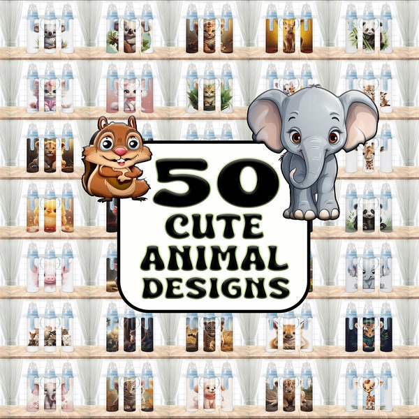 50 Cute Animals Designs 8oz Baby Bottle Sublimation Design, 8oz Baby Bottle Sublimation Design, Animal PNG Tumbler Template Design, Clip Art
