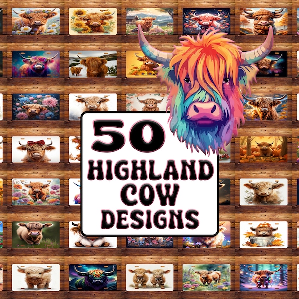 50 Highland Cow Designs Bundle License Plate Sublimation Design Digital Download PNG DIGITAL 12 by 6 inch Car License Plate Designs