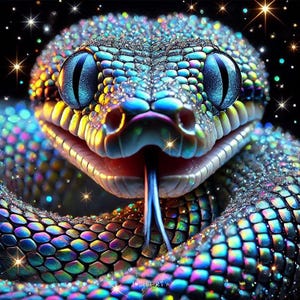 May include: A close-up of a snake's head with iridescent scales in shades of blue, green, and purple. The snake has large blue eyes and a forked blue tongue. The background is black with sparkling stars.