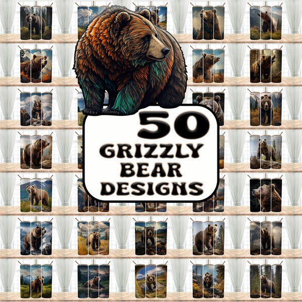 Lot de 50 dessins de grizzly, gobelet skinny 20 oz en sublimation, téléchargement numérique PNG, gobelet, clipart, art mural