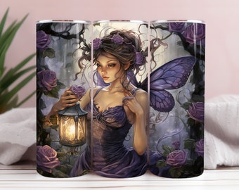 Beautiful Fairy 20 oz Skinny Tumbler Sublimation Design Digital Download PNG, Floral Rose Tumbler, Purple Rose Tumbler Wrap