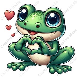 May include: A cartoon frog with large blue eyes and a friendly expression. The frog is green with a light tan belly and is making a heart shape with its hands. Three red hearts float near the frog.
