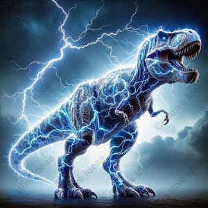Può includere: Illustrazione digitale di un Tyrannosaurus Rex con fulmini blu che attraversano il suo corpo. Il dinosauro è ambientato su uno sfondo di cielo scuro e tempestoso con fulmini. L'immagine ha un tema drammatico e fantasy.