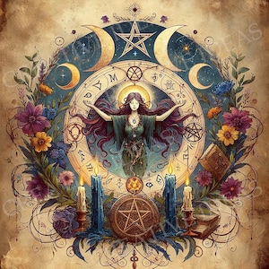 May include: A digital illustration featuring a woman with outstretched arms, surrounded by celestial and floral elements. The artwork includes crescent moons, a star, candles, a pentagram, and a book, all set against a vintage, textured background. The color palette includes blues, purples, and golds.