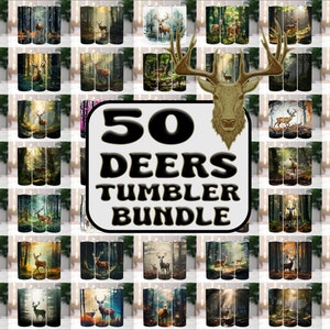 May include: A digital collage of 50 different designs featuring deer in a forest setting. The designs are arranged in a grid pattern and are suitable for use on tumblers. The text "50 DEERS TUMBLER BUNDLE" is displayed in the centre of the image.