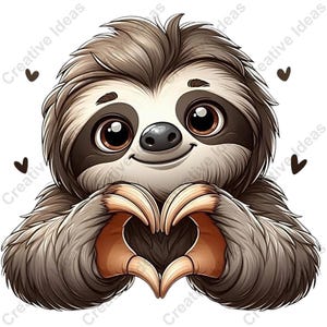 May include: A cartoon illustration of a smiling sloth with brown fur, large brown eyes, and a dark brown face. The sloth's hands are forming a heart shape. Small black hearts are scattered around the sloth.
