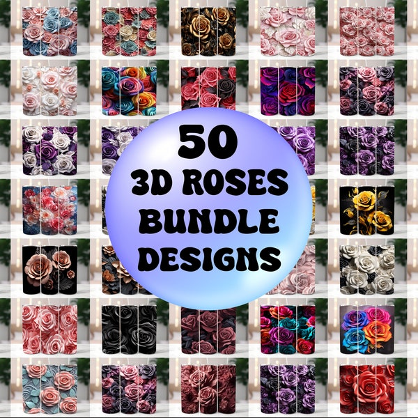 50 Beautiful 3D Roses Bundle Tumbler Wraps, 20 oz Skinny Tumbler Sublimation Design Digital Download PNG, Tumbler, Clip Art, Wall Art