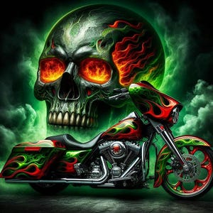 May include: A custom motorcycle with a green, red, and black flame design, set against a backdrop of a glowing green skull with fiery eyes. The motorcycle has chrome accents and a skull emblem on the engine.