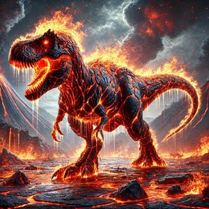 Può includere: Illustrazione digitale di un Tyrannosaurus Rex infuocato in un paesaggio vulcanico. Il dinosauro è raffigurato con una texture nera e rossa simile alla lava, con fiamme che avvolgono il suo corpo. Lo sfondo presenta montagne e un cielo infuocato.