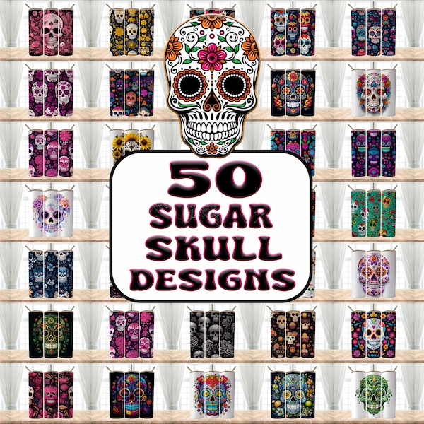 50 Sugar Skull Designs Bundle Tumbler Wraps , 20 oz Skinny Tumbler Sublimation Design Digital Download PNG Tumbler, Clip Art, Wall Art