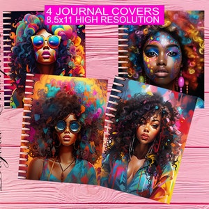 Black Woman Colorful Art Journal Covers: 4 PNG Downloads