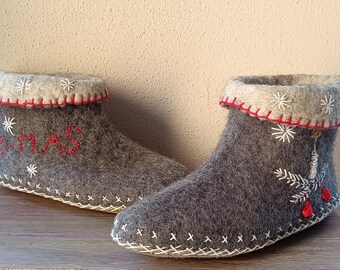 Filzschuhe, handgefilzte Hausschuhe, Filzhausschuhe mit Ledersohle, Filzstiefel,