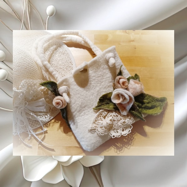 Handtasche, romantisch, nostalgisch, handgefilzt, gefilzt, mit Filzrosen, Brautmode, Hochzeit, Festtage,