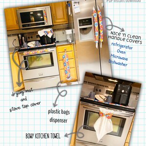 May include: DIY kitchen improvement project with instructions for making a drying mat, stove top cover, plastic bag dispenser, and handle covers for the refrigerator, oven, microwave, and dishwasher.  The project uses a white kitchen towel with a colorful bow.