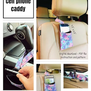 May include: DIY sewing project for beginners.  A cell phone caddy made from fabric with a floral pattern.  The caddy is designed to fit most phones and can be hung on the back of a car seat.  The image includes instructions for making the caddy, which are available as a digital download.