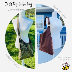 Puede incluir: Dos estilos de bolso boho hechos con camisetas sin mangas recicladas. El bolso de la izquierda es de color verde camuflaje y el bolso de la derecha es marrón. El texto "Tank top boho bag" y "2 styles in one" está en la parte superior de la imagen. El texto "Upcycle DIY project" está en el lado derecho de la imagen. El texto "beginner friendly" está en el lado izquierdo de la imagen. El texto "Instant download PDF patterns" está en el lado derecho de la imagen. Una abeja de dibujos animados con corazones está en la parte inferior de la imagen.