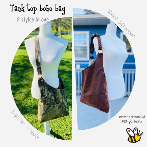 PDF pattern 2 versions bottom style-Tank Top boho bag-shoulder strap or adjustable strap -DIY-fast and easy-everyone beginner- upcycle idea