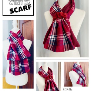 Puede incluir: Una bufanda de cuadros rojos y negros con forro de borreguito burdeos. La bufanda está anudada alrededor de un maniquí blanco. La imagen incluye el texto "COZY WINTER SCARF" y "DIY project. Beginner friendly. Budget friendly. Up-cycle idea".