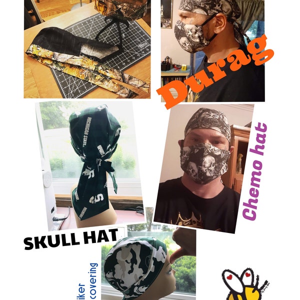 PDF Skull hat- Durag- Chemo hat -Biker hat- Hair covering hat DIY-easy-no lining -free size