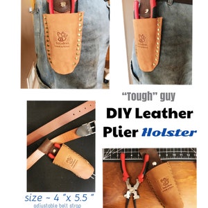 Può includere: Modello di fondina in pelle per pinze con istruzioni a colori. Il modello è per una fondina di 10 cm per 14 cm con una cinghia regolabile e bottoni a pressione in metallo. La fondina è mostrata su un paio di jeans con una cintura in pelle marrone.