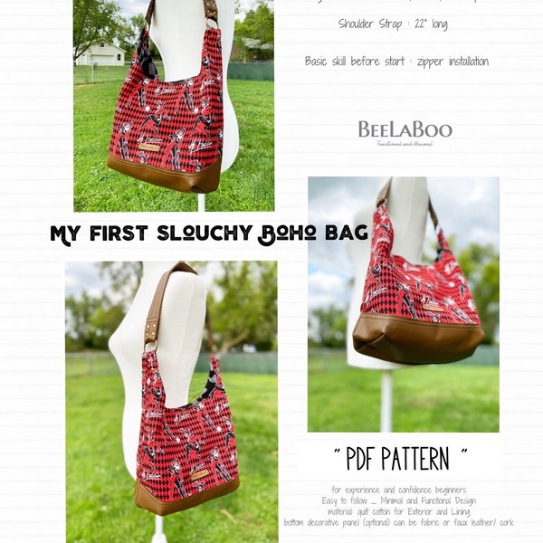 PDF my first slouchy BOHO bag -DIY-pattern and colorful instruction-confidence beginners - easy -budget friendly and fully functional