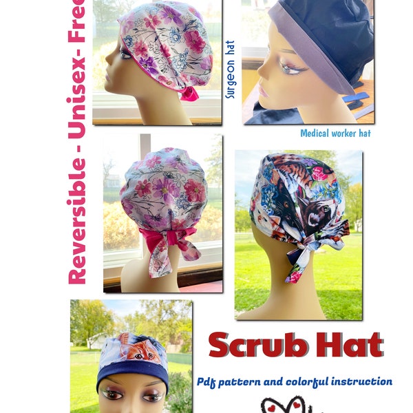 PDF Reversible -free size -Unisex Scrub hat -medical worker- surgeon -surgical hat -diy- easy -budget friendly