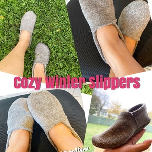 May include: Cozy gray winter slippers with a simple design. The slippers are made of a soft, fuzzy fabric and have a comfortable fit. Instant download PDF pattern.