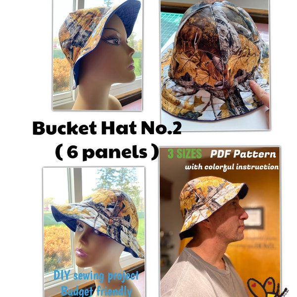 PDF 6 panels bucket hat, fisherman hat, diy hat, handmade gift idea, beginners, recycle upcycle project canvas- scrap -denim