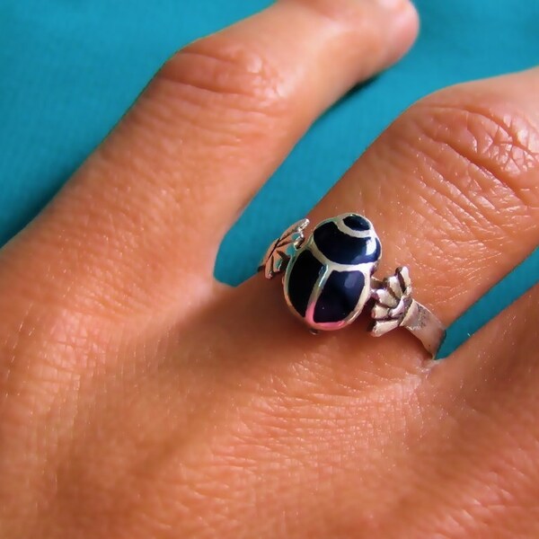 Cute bug ring, Egyptian Lapis Lazuli scarab ring, Sterling silver Scarab ring, Egyptian Scarab, Amulet ring