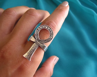 Large Ankh ring with Egyptian Hieroglyphics, Sterling silver Ankh ring, Amulet ring, Egyptian Ankh, Egyptian ring