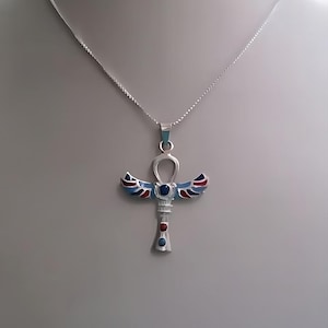Egyptian Sterling Silver Ankh Necklace: Turquoise, Lapis, Coral Amulet