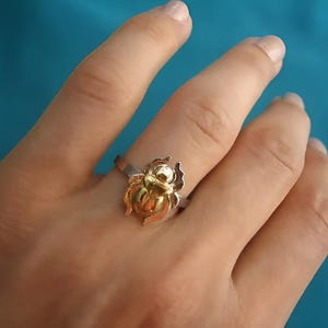 Gold & Silver Egyptian scarab ring, Khepri sterling silver Scarab ring, Egyptian Beetle ring, Bug ring