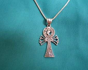 Oxidized Egyptian Ankh necklace with Hieroglyphics, Sterling silver Ankh pendant, Nefertiti