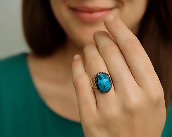 Vintage Egyptian Turquoise Scarab Ring: Sterling Silver Egyptian Amulet, Size 7