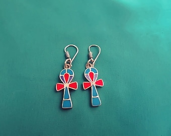 Pretty Inlayed Sterling silver Egyptian Ankh earrings, Ankh Jewelry, Multi-colored Ankh Earrings, Egyptian gift for her