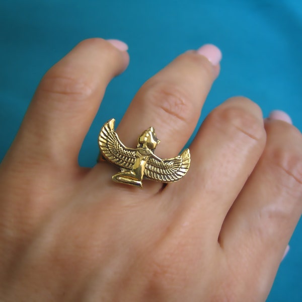 Goddess Isis ring gold, Maat ring, winged Isis ring, Egyptian brass amulet ring, Isis wings