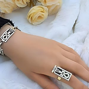 Egyptian Ankh Bracelet with Ring: Brass Kemetic Jewelry Set