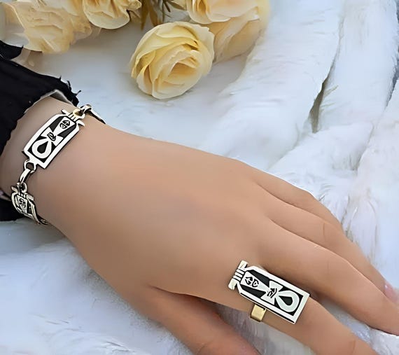 Lovely Egyptian Gold Ankh Bracelet With Matching Ring, Egyptian