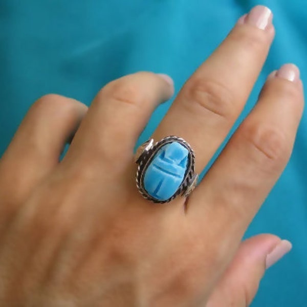 Vintage Egyptian sterling silver faience Scarab ring, Egyptian Scarab, turquoise Scarab ring, Amulet ring