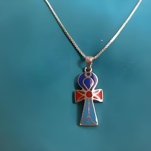 Egyptian Sterling Silver Ankh Necklace: Lapis, Turquoise & Coral Inlay